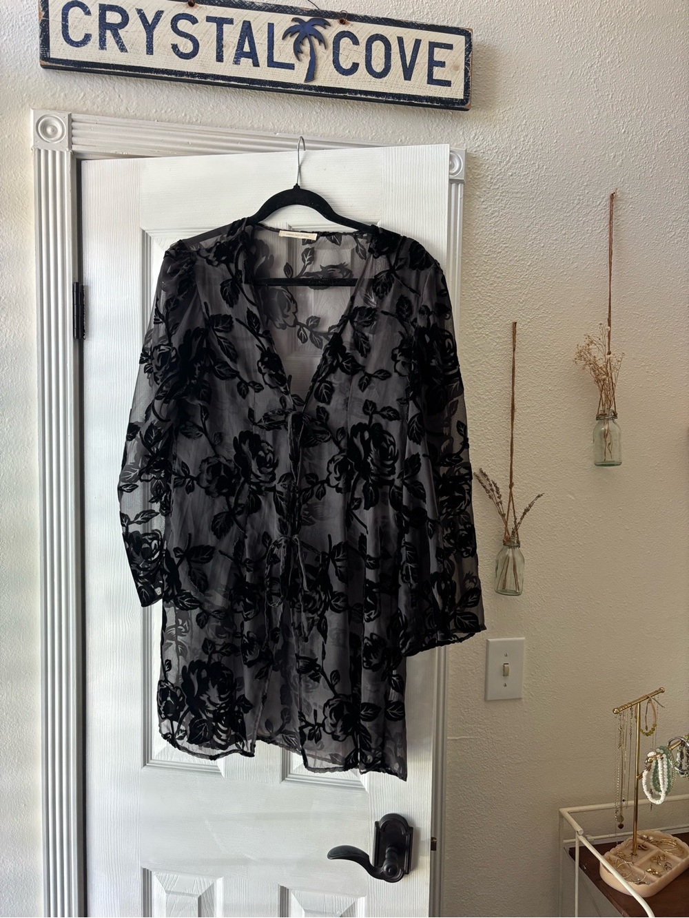 Urban Outfitters Sheer Black Floral Tie-Front Robe
